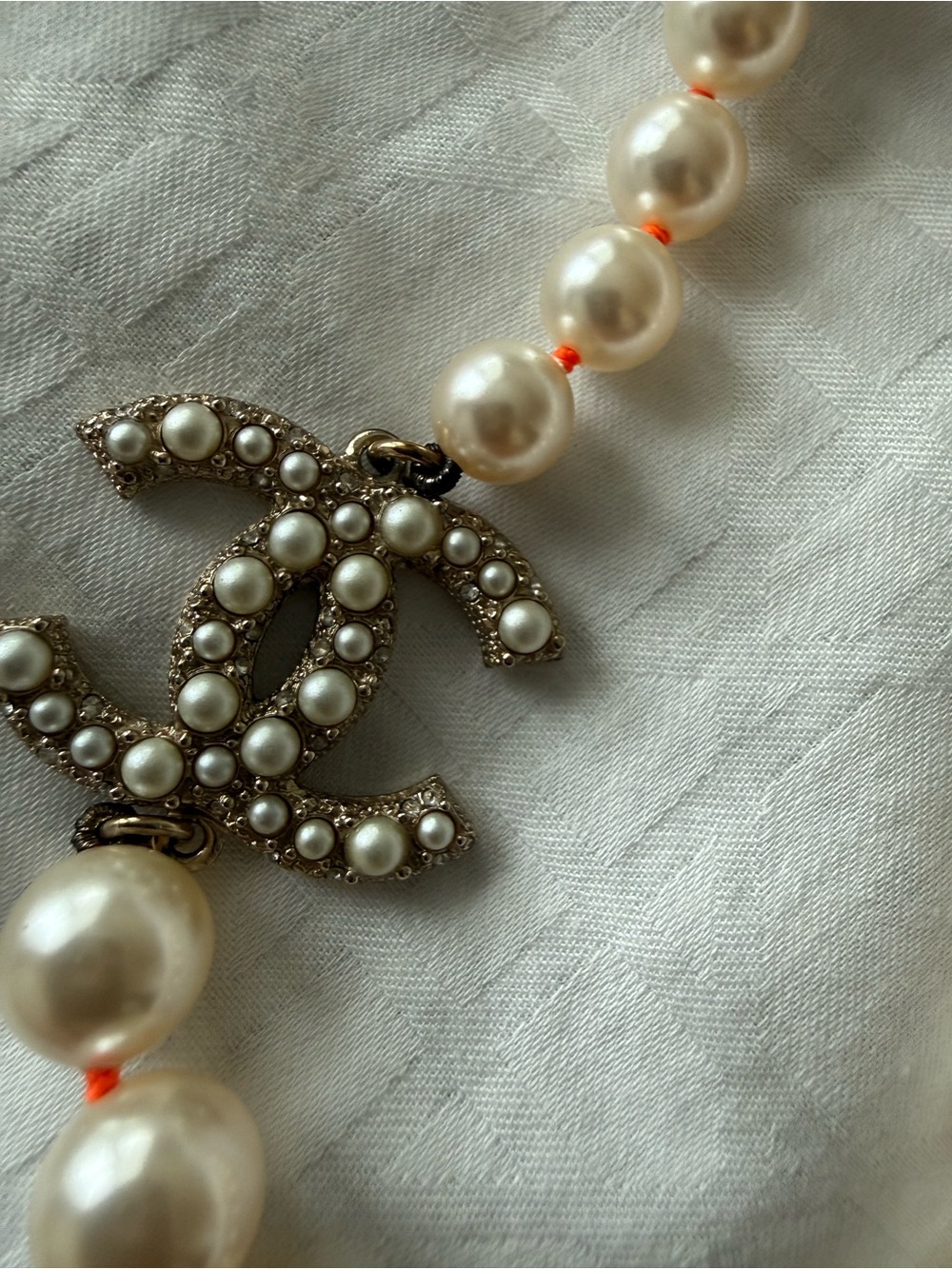 CHANEL Ivory Pearl Multi-Strand Necklace with Red Center and Crystal CC - Picture 6 of 6